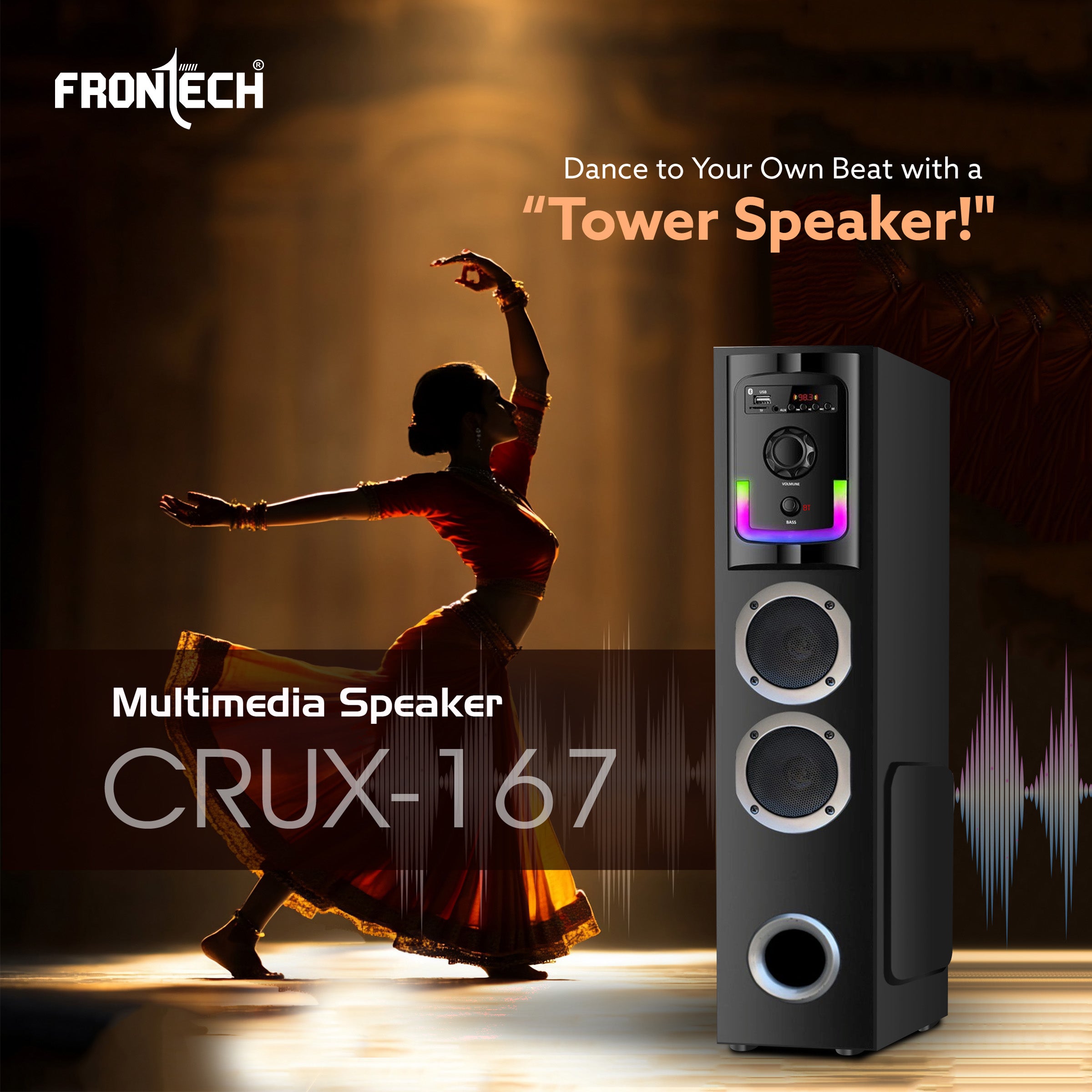 Frontech CRUX-167 60W Bluetooth Tower Speaker|1.0 Tower design | Wired Mic | RGB Lighting | Remote Control | Built-in FM Radio| BT Connectivity | USB | Karaoke, TV, PC & Smartphone Compatible (SW-0167) Frontech CRUX-167 60W Bluetooth Tower Speaker|1.0 Tower design | Wired Mic | RGB Lighting | Remote Control | Built-in FM Radio| BT Connectivity | USB | Karaoke, TV, PC & Smartphone Compatible (SW-0167)
